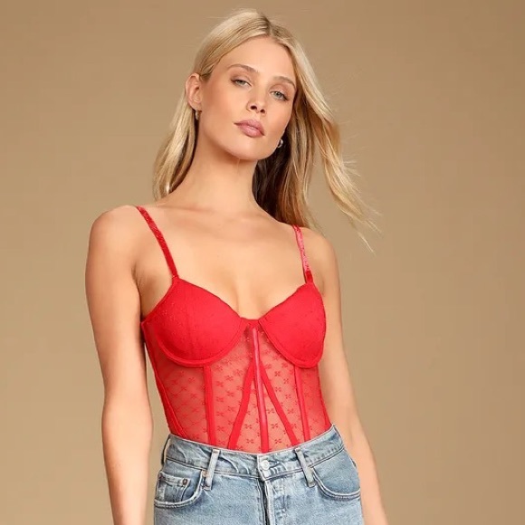 Lulus Tops - NEW Red Mesh Corset Bodysuit